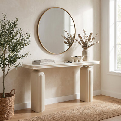 Console élégante en placage d'acacia - Silhouette courbée avec bords linéaires pour le vestibule, le couloir ou le salon