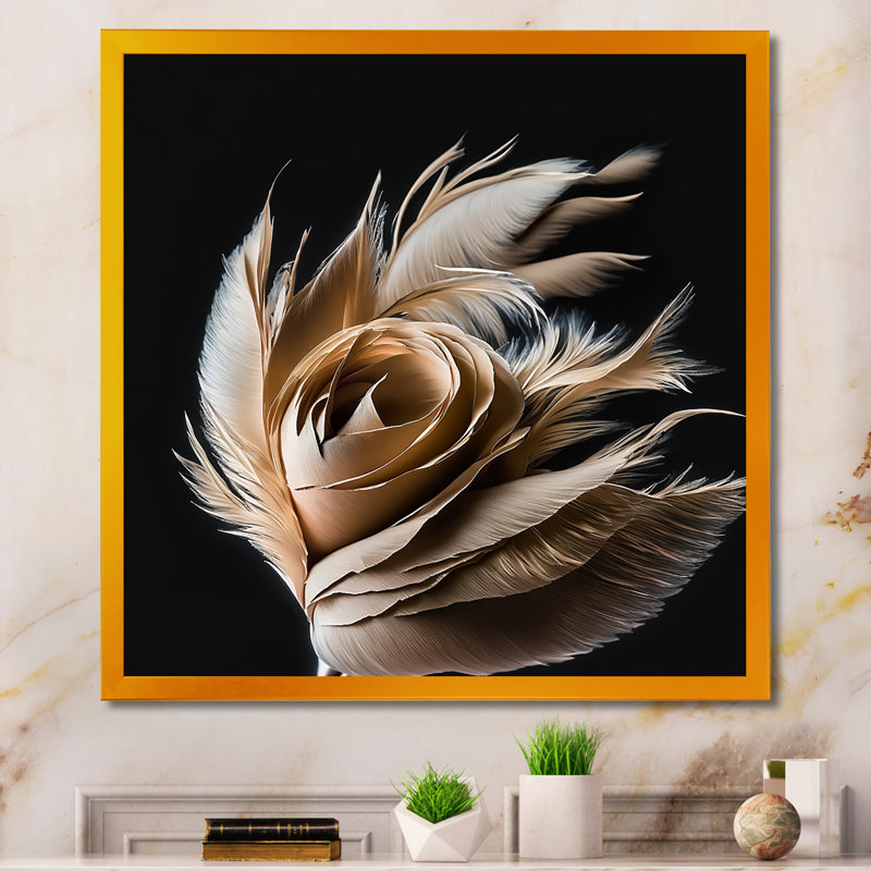 «Pink Feather Rose on Black II», reproduction sur toile, H 36 po x l 36 po x P 1,5 po, Encadrement doré