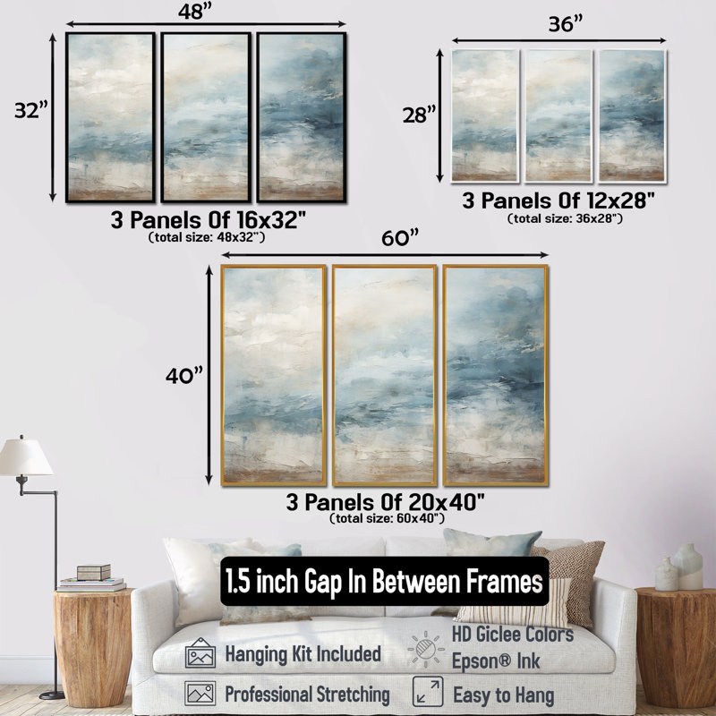 Beige Blue Ocean Storm I - Abstract Shapes Canvas Art Set, Silver Floater Framed, 28" H x 36" W 