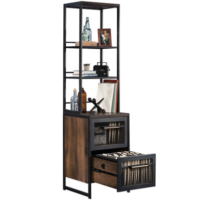 Bibliothèque brune brune, style moderne pour différents espaces de vie dans la maison, finition grise pour s'agencer au décor, surface supérieure spacieuse pour ranger les articles quotidiens, tablette ouverte et tiroir avec glissières faciles à ranger,