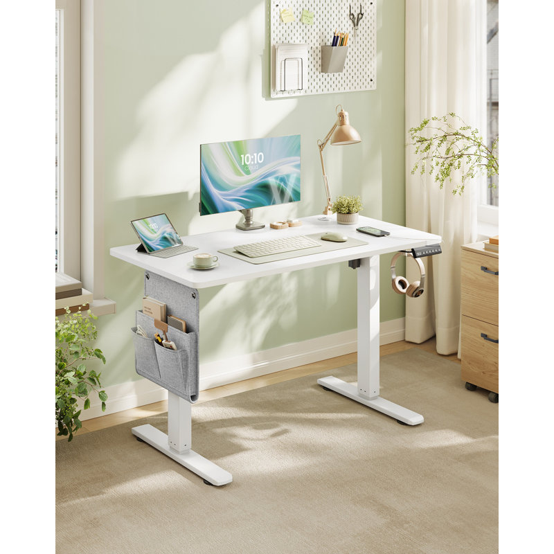 Adjustable Height Steel Standing Desk with Built-In Electrical Outlet, White