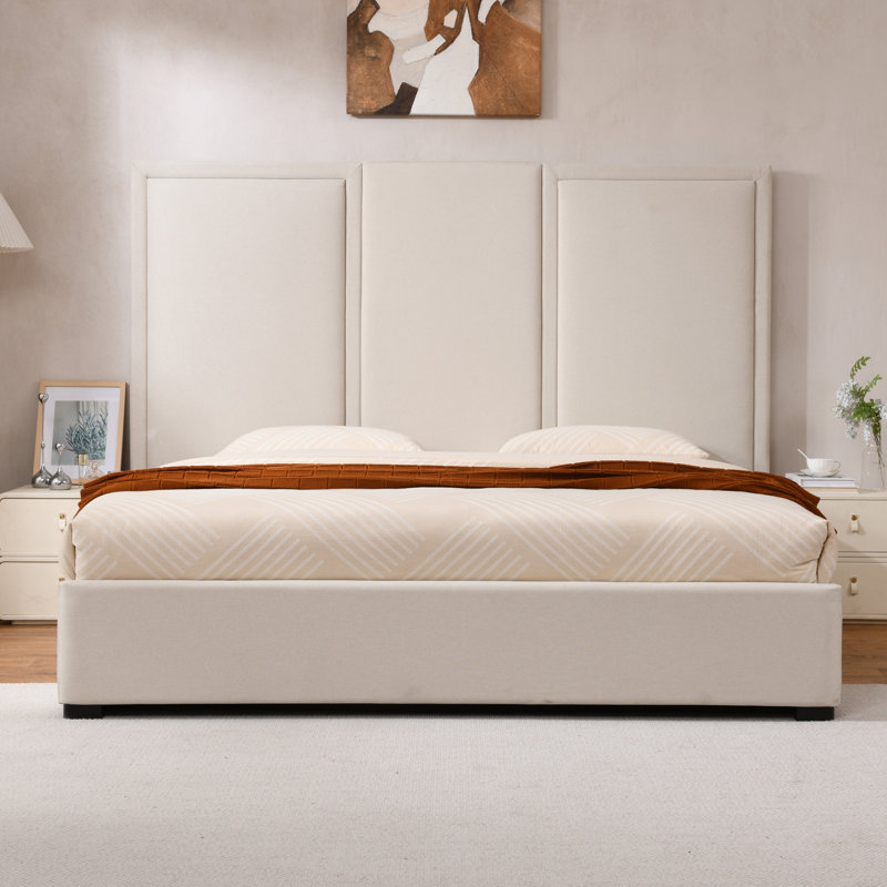 Upholstered Storage Bed With Oversized Headboard, Beige, King
