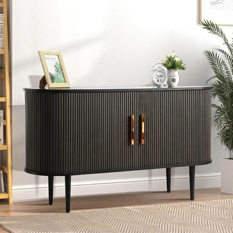 Buffet tambour avec porte coulissante cannelée et poignées en bronze – Noir