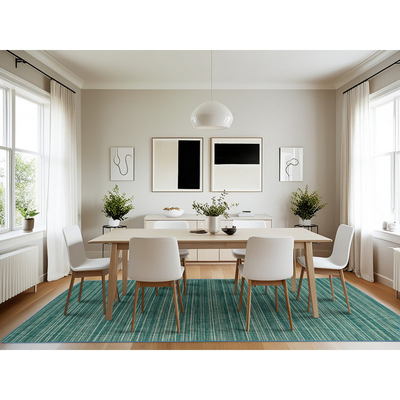 Machine Washable Horizontal Stripes Blue Area Rug, Rectangle 7' x 10'