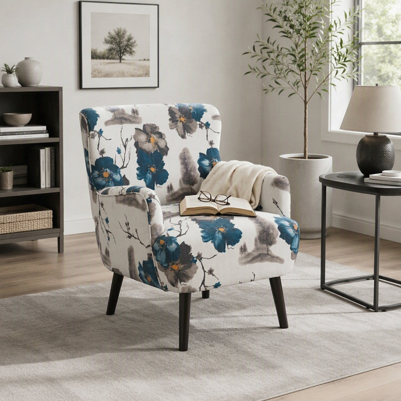 Fauteuil club moderne avec mousse haute densité, accoudoirs ronds et pieds en bois d'hévéa