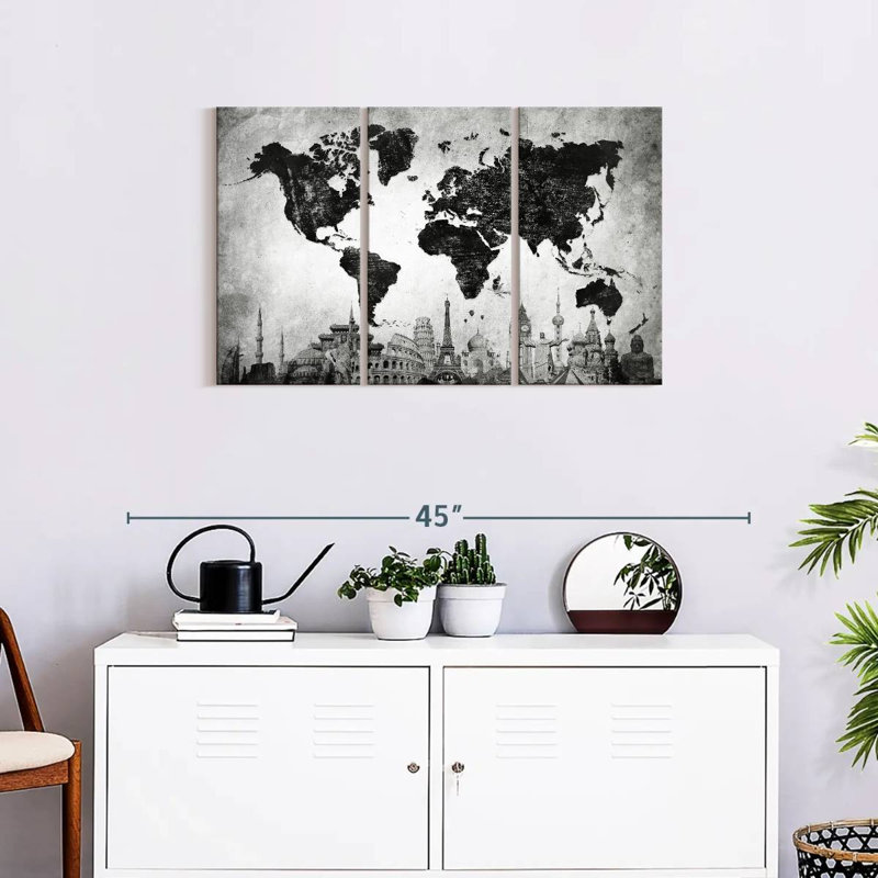 «Charcoal Black World Map», reproduction sur toile, H 20 po x l 33 po x 1,25 po