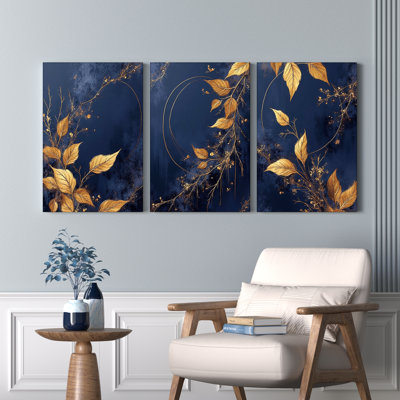 Feuilles d'or sur toile bleu marine, art floral abstrait (ensemble de 3)