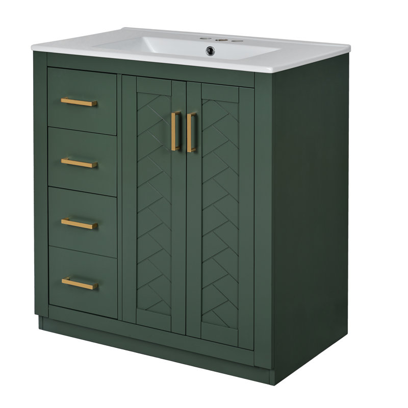 Meuble-lavabo 30 po avec lavabo en céramique et meuble de rangement en bois massif, Vert, Doré