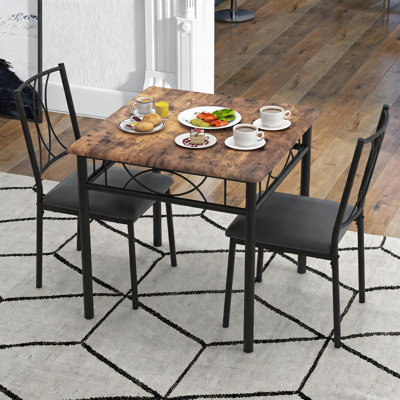 Ensemble de table de salle à manger 3 pièces pour 2 personnes, table de cuisine industrielle en bois et 2 chaises rembourrées en similicuir avec structure en métal pour petit espace, appartement, cuisine, rustique