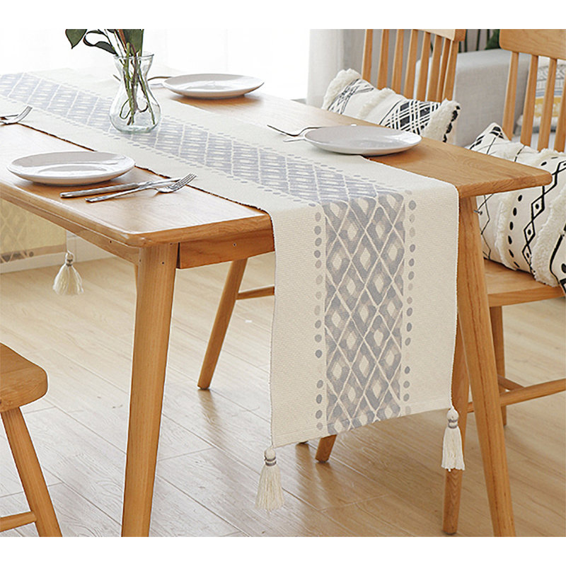 Mauricia Blue-grey Diamond Print Braided Tassel Cotton Table Runner, 87" x 14"
