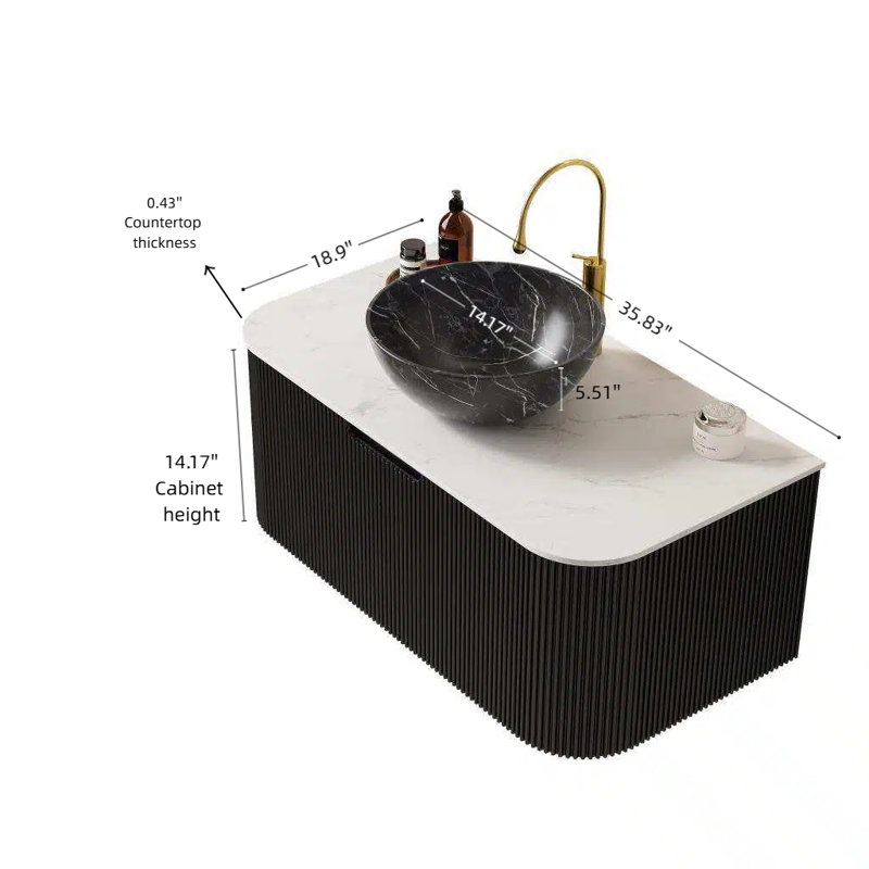 Meuble-lavabo moderne 36 po avec plateau en pierre frittée et lavabo ovale en céramique Callen