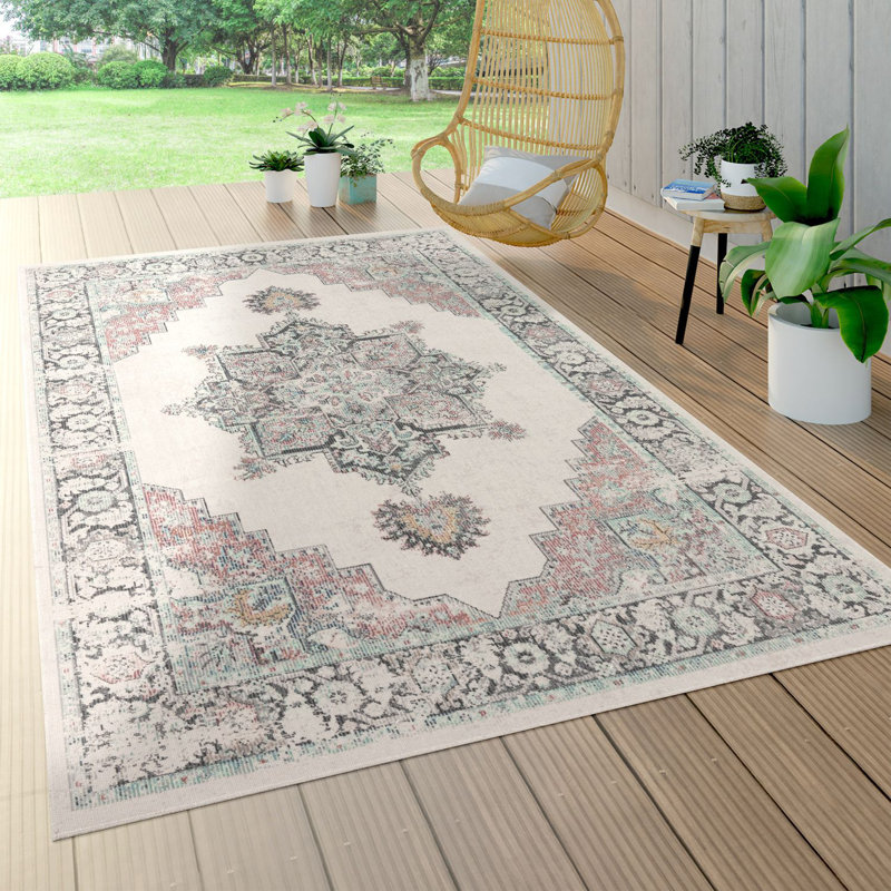 Balcony Terrace Short Pile Oriental Design Power Loom Cream/Grey/Blue Indoor/Outdoor Rug, Round 200cm