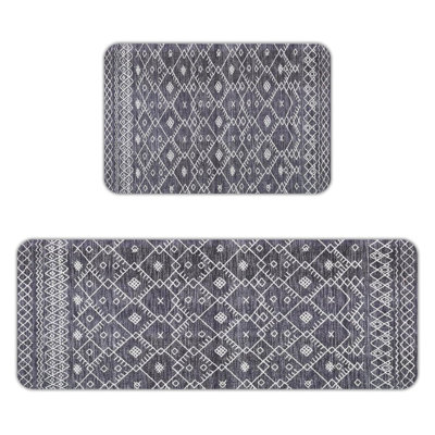 Durable Flannel Floor Rugs, Grey Tribal Geometric 2-Piece Mats for Kitchen & Living Room
