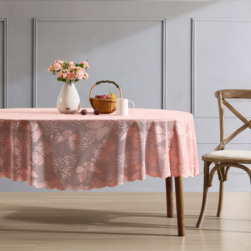 August Grove® Dearia Floral Lace Fabric Tablecloth, Lace Fabric Table Cloth for Oval Tables, Wrinkle Resistant Tablecloth, Patterned Scalloped Tablecloth (60 W x 84 L)