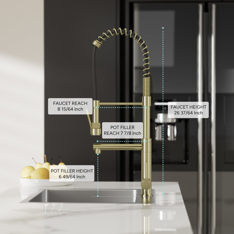 Robinet de cuisine rétractable à poignée simple avec distributeur de savon, Or brossé