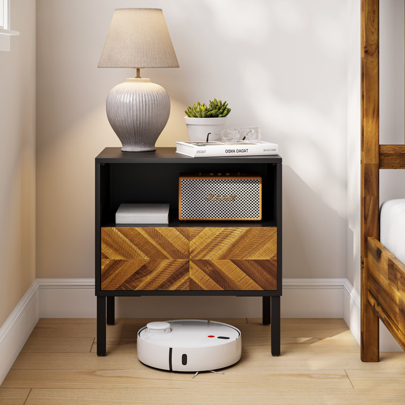 Vivian Nightstand With 1 Drawer – Acacia Wood, Rustic Chestnut/Black