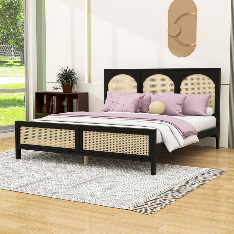 Wooden Platform Bed with Rattan-Decorated Headboard and Durable Frame, Black/Beige, King