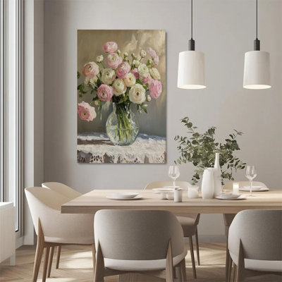 2D Flat, 1Pc Framed Canvas Wall Art, bouquet of roses, vase, impressionist still life style Art Print Canvas Poster Painting Room Wall Decor, Ideal Gi