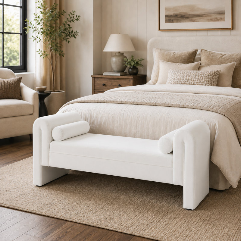 Velvet End Table, 60.5-inch Storage Stool, Storage-enabled Long Bench Armchair, Sofa Chair with Rolled Armrests and Button-filled Cushions, Suitable for Seating in Living Room and Entrance Area