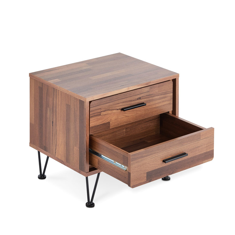 Table d'appoint au fini noyer avec 2 tiroirs et pieds en métal robustes, Black/Brown