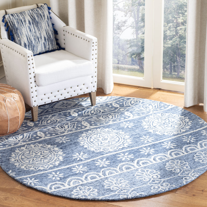 Leavens Hand Tufted Wool/Cotton Floral Rug in Blue/Ivory, Round 5'