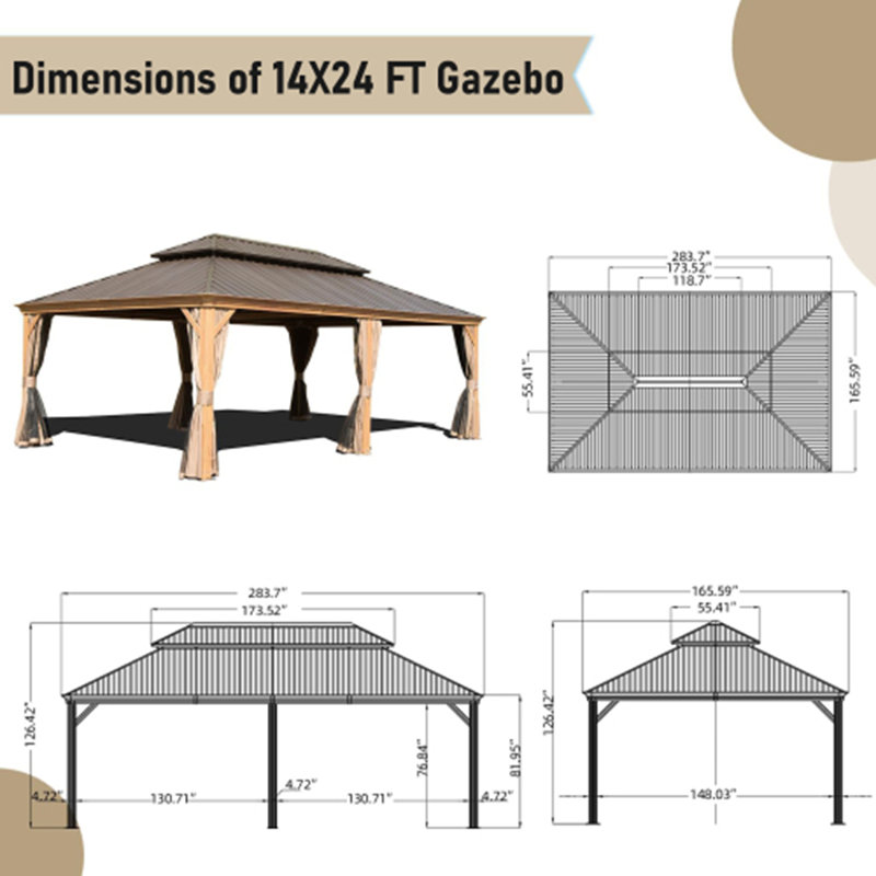 Extra-Large Hardtop Gazebo – Built-in Gutter & Premium Wood Finish, Yellow Brown