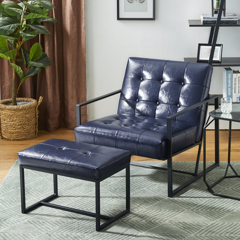 Fauteuil et repose-pieds en cuir Buren, Similicuir bleu