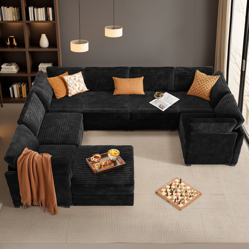 Hogle Modular U-shaped Sectional Plush Corduroy Sofa With Movable Ottoman, Black Corduroy