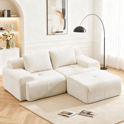 85" Boneless L Shaped Modular Sectional Sofa, Chenille Upholstery Cloud Couch With 1 Ottoman, Oversized Deep Seat Sofa For Living Room, No Assembly, Green