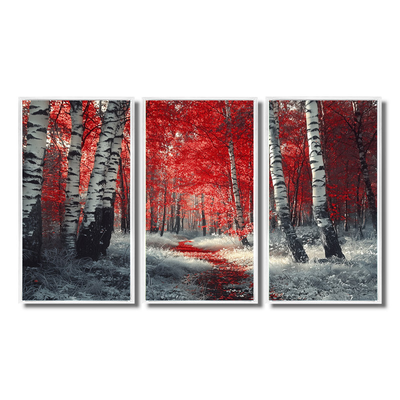 Bouleaux rouges, chemin forestier, Panorama III, ensemble d'art mural forêt, Toile encadrée flottée blanche