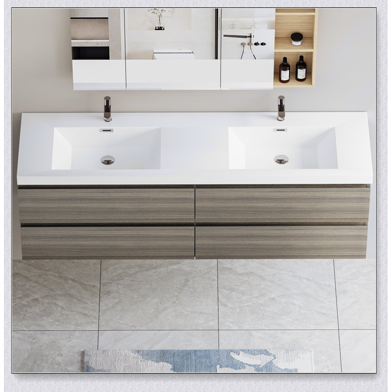 Meuble-lavabo flottant avec lavabo, meuble-lavabo mural moderne avec deux lavabos en quartz et quatre tiroirs à fermeture en douceur, 24V12-72GR