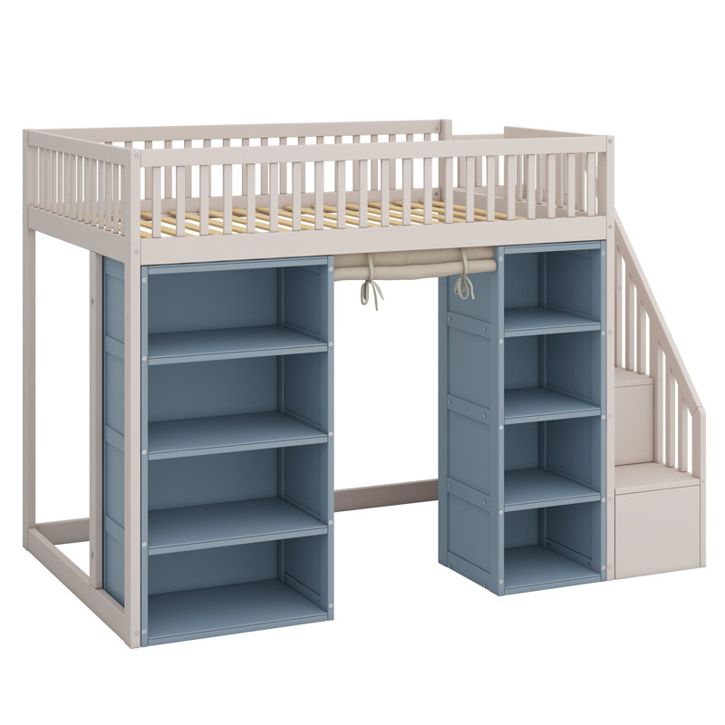 Lit mezzanine avec 2 tablettes de rangement à quatre couches et rideau