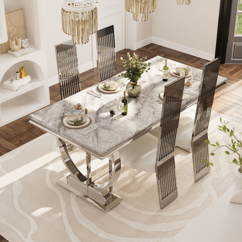Ensemble de table de salle à manger 5 pièces blanc et doré avec 4 chaises blanches Boucle, Argent argent, Blanc