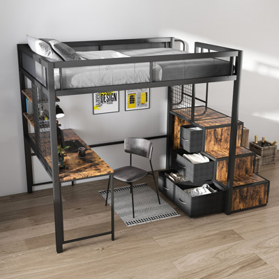 Lit mezzanine double en métal solide avec structure renforcée et structure robuste pour la longévité, station de charge de bureau spacieuse, facilitant l'étude du travail dans les dortoirs