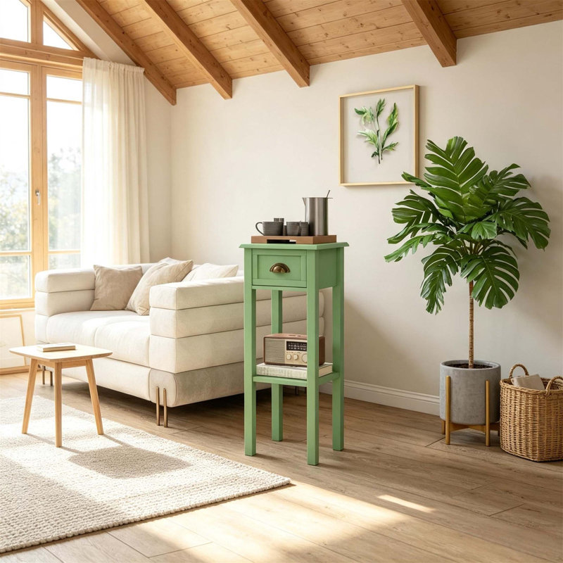 Table d'appoint à 2 niveaux avec tiroir et tablette, parfaite pour les petits espaces et le rangement supplémentaire dans les salons ou les couloirs