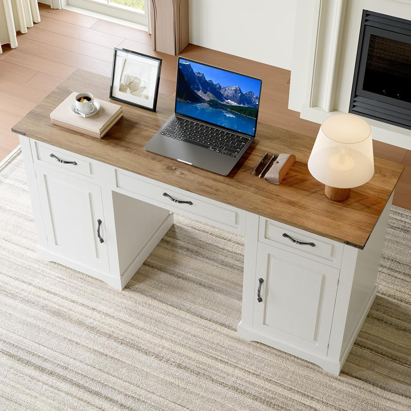 Bureau de direction 60 po avec tiroirs, bureau à domicile en bois avec armoires de rangement, bureaux d'ordinateur de ferme pour la maison, le bureau, le bureau, blanc antique