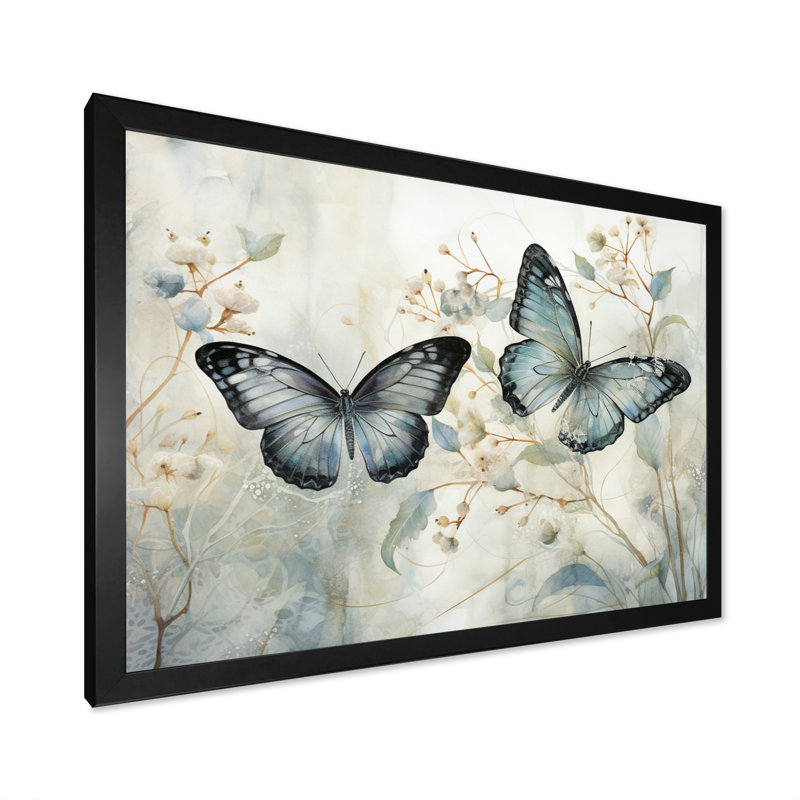 «Blue Beige Butterfly Wings Of Serenity», art sur toile papillon, H 24 po x l 32 po, Cadre photo unique, Noir