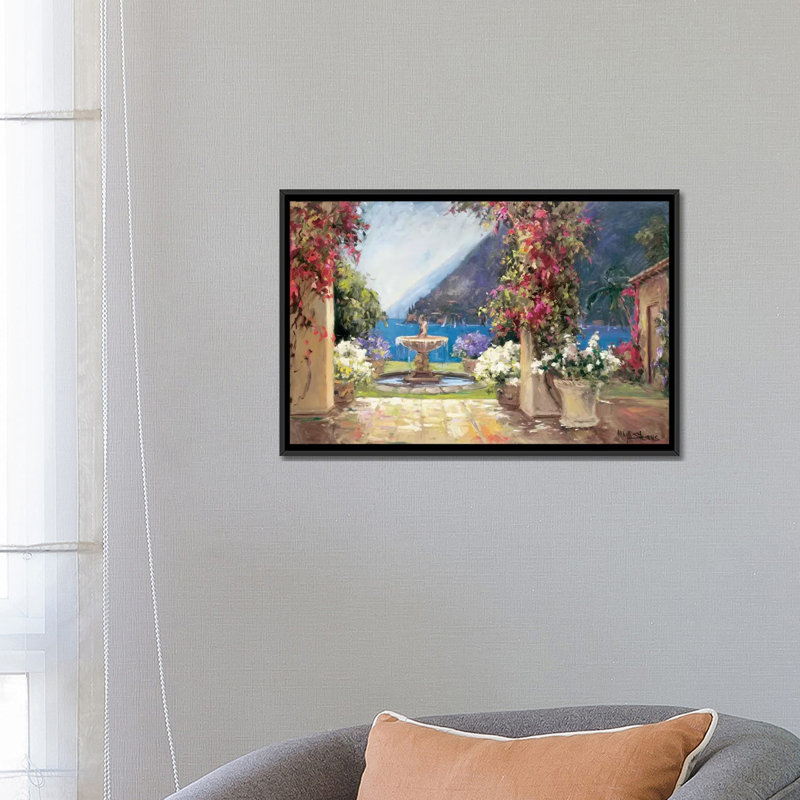 « seaside fontaine », reproduction sur toile, H 18 po x l 26 po x P 1,5 po, Toile avec cadre noir, Pas de tapis