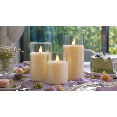 Glass Flameless Pillar Candles Flickering with Remote Timer, Battery Operated LED 3D Moving Flame Real Wax Candles,Remote Included (Ivorywhite)