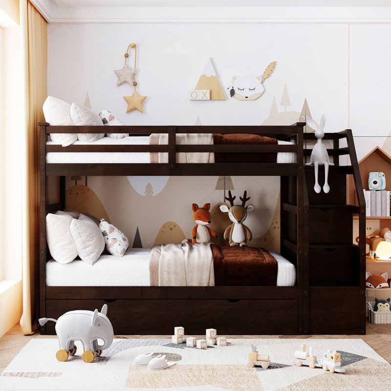 Twintwin Bunk Bed With Trundle And 3 Practical Storage Selections, Tranquil Stairs - Creates A Serene Bedroom, Espresso