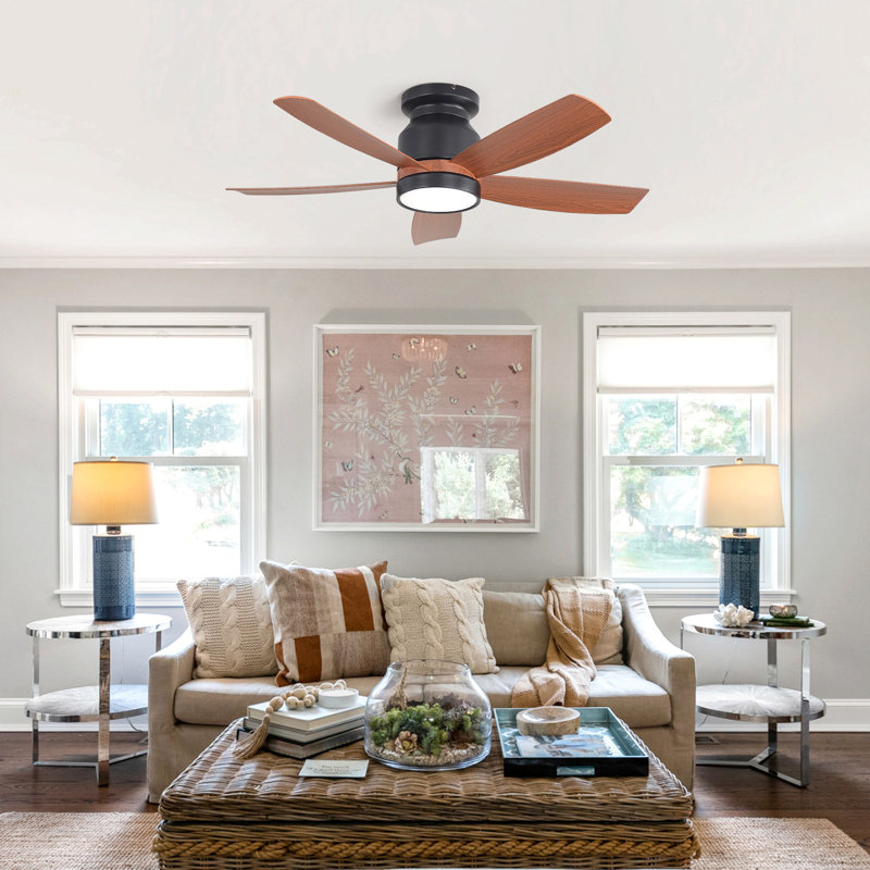 42 Inch Matte Black Ceiling Fan With LED Light And 6 Speed Remote Control Reversible DC Motor  For Bedroom Living Room