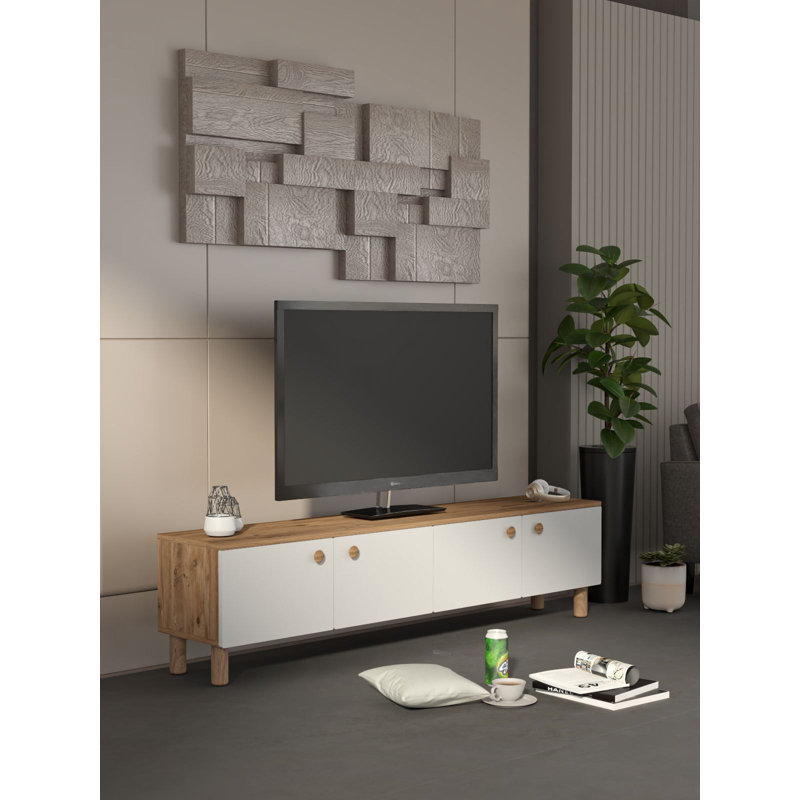 Modern TV Stand with Numerous Shelves, Atlantic Pine & White Finish, 70.9 x 18.5 x 13.8 inches | 100% Melamine Coated Chipboard, Thickness: 0.7 inches | Wall-Mountable, Scandinavian Design for Stylish Living Spaces