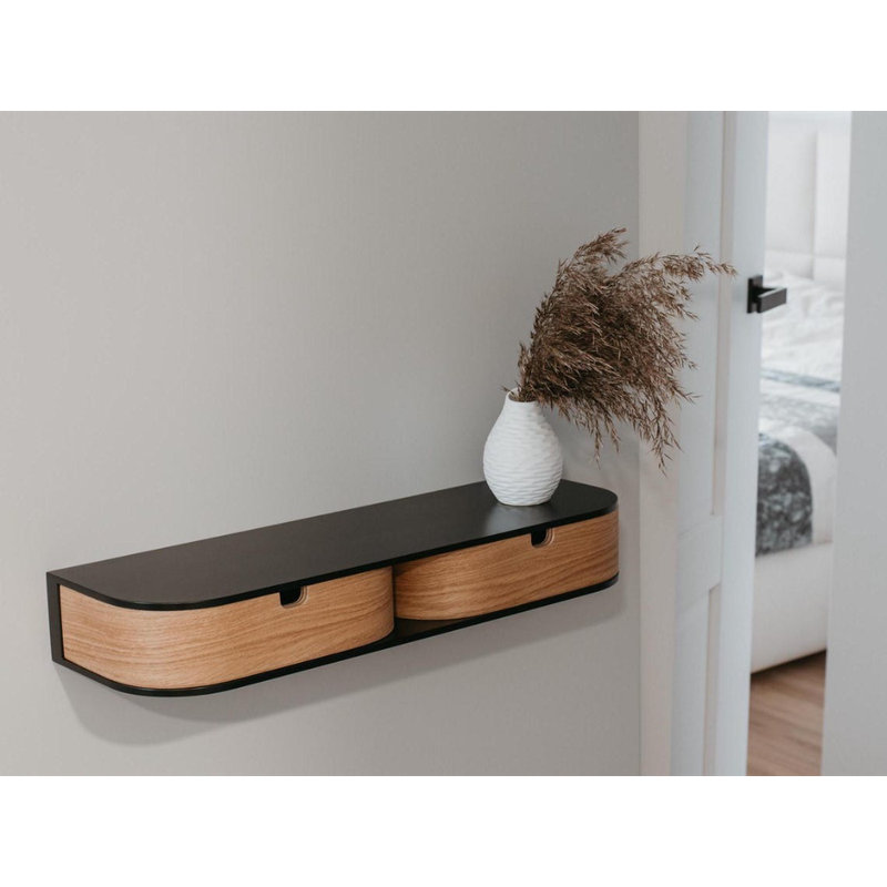 Entryway retro floating console, Modern floating wooden bedside table shelf drawer, Mounted wall nightstand