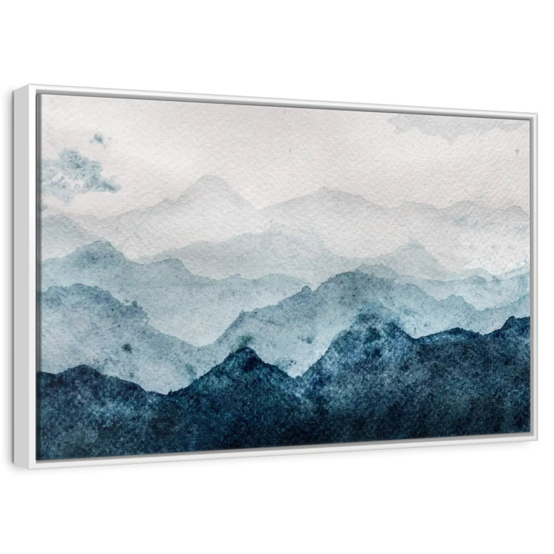 Paysage de montagne japonais, 19 po x 13 po, Cadre flottant blanc