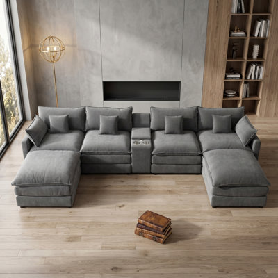 145" U Shaped Cloud Couch Sectional, Oversized Star-Black Chenille Cloud Couch, Large Comfy Fluffy Modular Sectional Sofa, 6 Seat Sectionals Sofa Set with Central Console USB Port