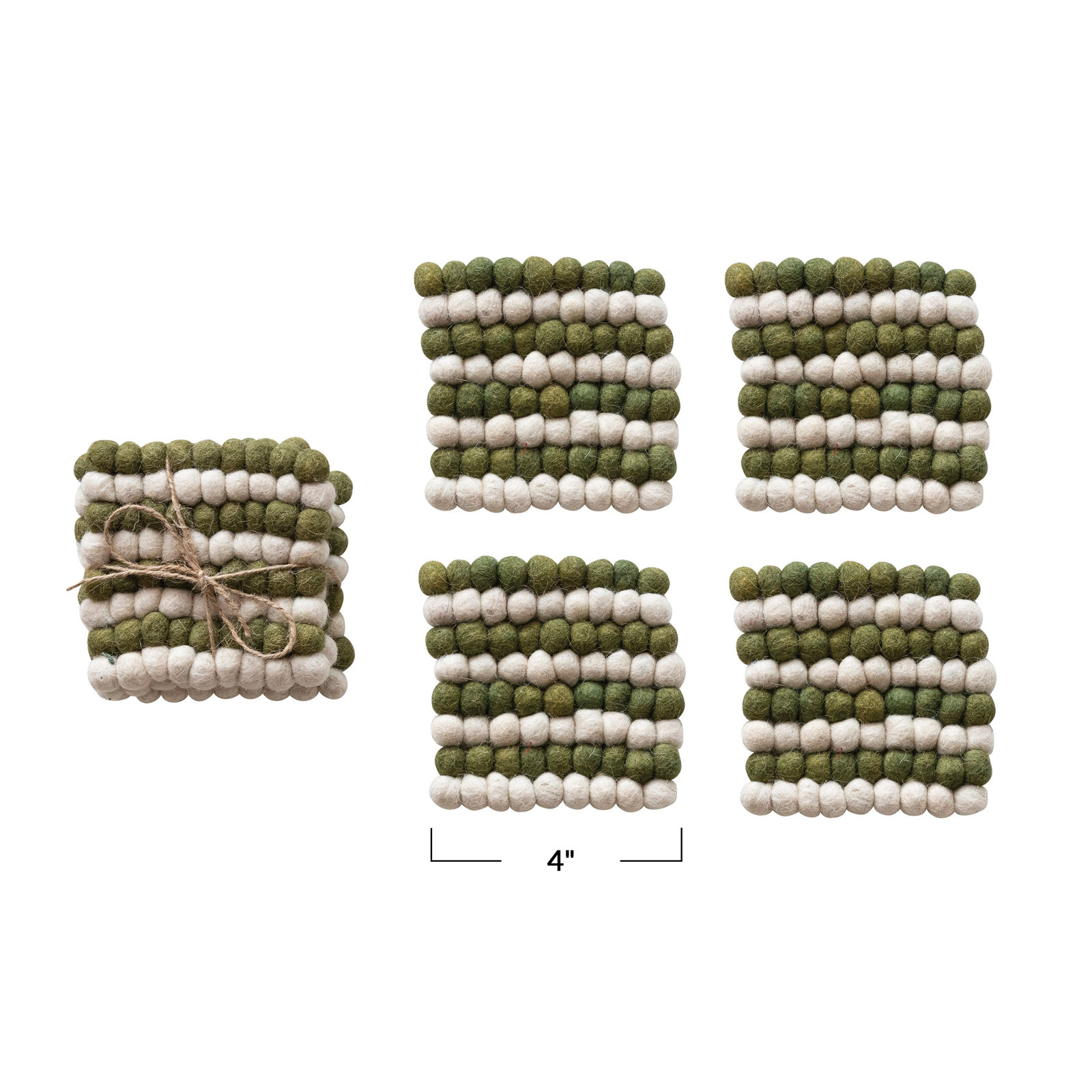 Handmade Wool Felt Coasters, Cream/Green