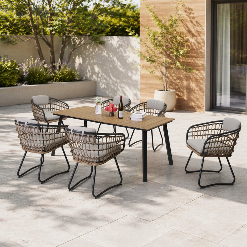Ensemble repas 7 pièces en osier avec table en bois composite