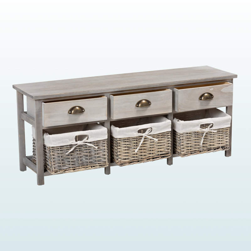 Banc de rangement à 3 tiroirs avec paniers au fini gris clair Yarven, H 16,28 po x l 41,89 po x P 11,26 po