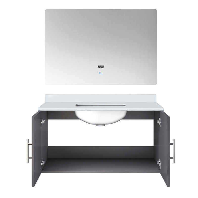 36 po L x P 22 po. Meuble-lavabo gris foncé avec comptoir en marbre et miroir à DEL