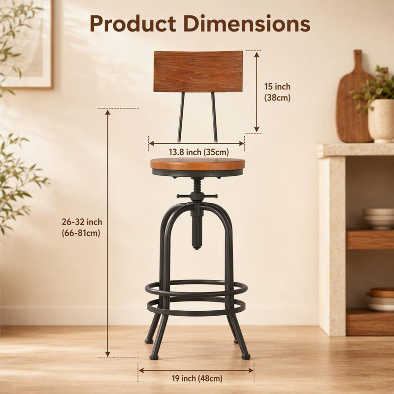 Industrial Bar Stool-Adjustable Swivel Round Wood Metal Kitchen Stool-26-32 Inch-Rustic Farmhouse-Counter Height Extra Tall Bar Height Stool-Arc-Shaped Backrest,Welded
